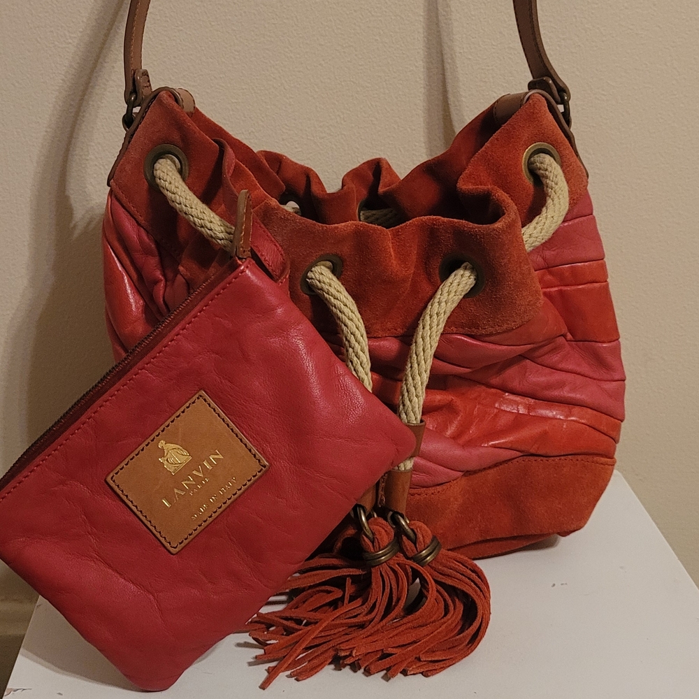 Lanvin Red Suede and Leather Shoulder Bag